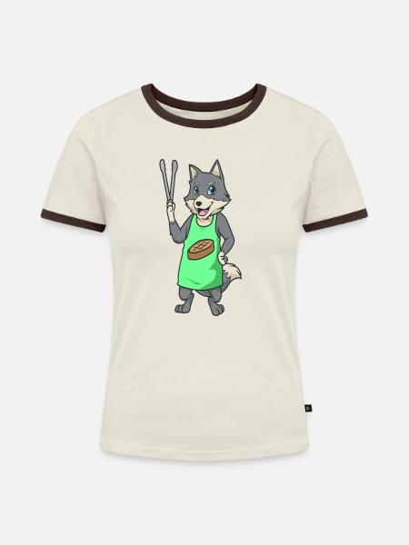 Wolf ist Grillmeister - Frauen Kontrast-T-Shirt - Off-White/Dunkelbraun
