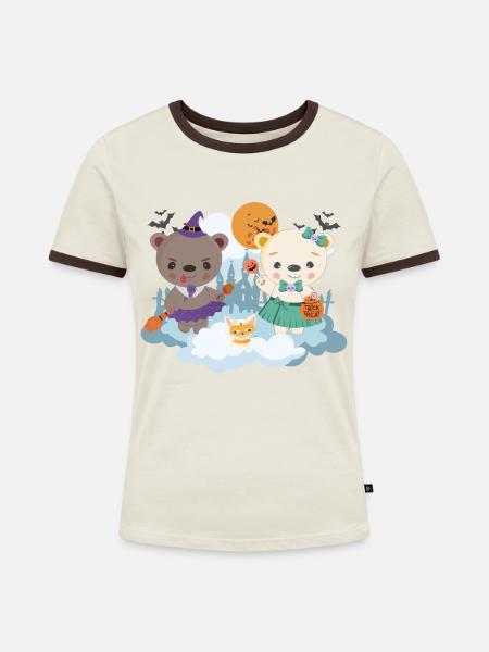 Lean & Loo Gruselige Jahreszeit - Frauen Kontrast-T-Shirt - Off-White/Dunkelbraun