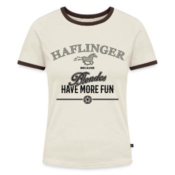 Haflinger more fun - schwarze Edition - Frauen Kontrast-T-Shirt - Off-White/Dunkelbraun - Vorne - AI Model Female 172 dark (172cm)