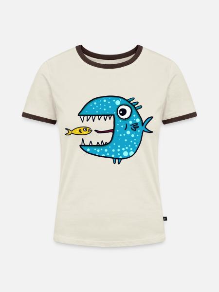 blauer Raubfisch - Frauen Kontrast-T-Shirt - Off-White/Dunkelbraun