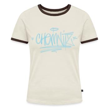 Chemnitz in gekonner Graffiti Tag Schri - Frauen Kontrast-T-Shirt - Off-White/Dunkelbraun - Vorne - AI Model Female 172 dark (172cm)