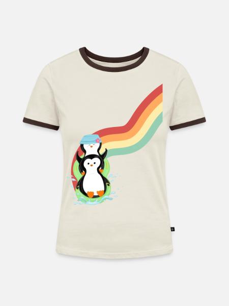 Pinguine Slide - Frauen Kontrast-T-Shirt - Off-White/Dunkelbraun