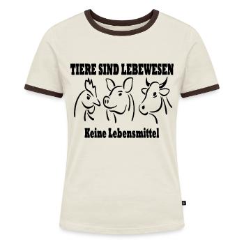 Tiere sind Lebewesen Keine Lebensmittel - Frauen Kontrast-T-Shirt - Off-White/Dunkelbraun - Vorne - AI Model Female 172 dark (172cm)
