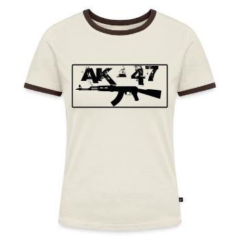 Sturmgewehr AK 47 Kalashnikov - Frauen Kontrast-T-Shirt - Off-White/Dunkelbraun - Vorne - AI Model Female 172 dark (172cm)