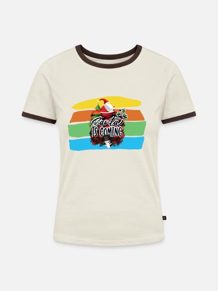Santa IS Coming - Frauen Kontrast-T-Shirt - Off-White/Dunkelbraun