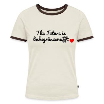 The Future is Linksgruenversifft. - Frauen Kontrast-T-Shirt - Off-White/Dunkelbraun - Vorne - AI Model Female 172 dark (172cm)