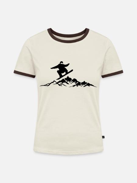Wintersport - Snowboard - Frauen Kontrast-T-Shirt - Off-White/Dunkelbraun