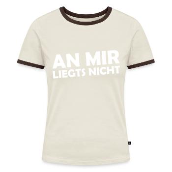 An mir liegts nicht - Lustiger Spruch - Frauen Kontrast-T-Shirt - Off-White/Dunkelbraun - Vorne - AI Model Female 172 dark (172cm)