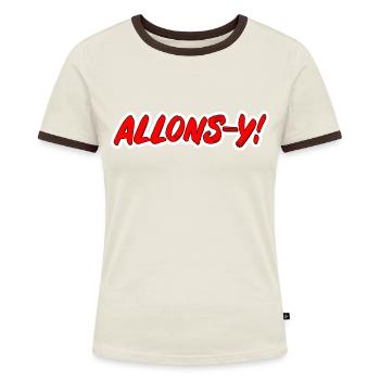 ALLONS-Y! roter Popart Schriftzug Comicstyle - Frauen Kontrast-T-Shirt - Off-White/Dunkelbraun - Vorne - AI Model Female 172 dark (172cm)