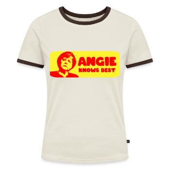 Angie knows best CDU Union Kanzlerin Angela Merkel - Frauen Kontrast-T-Shirt - Off-White/Dunkelbraun - Vorne - AI Model Female 172 dark (172cm)
