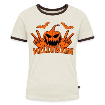 Helloween Frieden Victory Hand Symbol Fledermaus - Frauen Kontrast-T-Shirt - Off-White/Dunkelbraun - Vorne - AI Model Female 172 dark (172cm)
