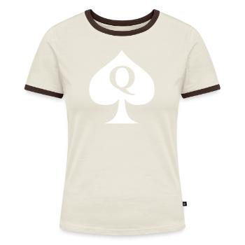 Queen of Spades | Hot Wife, Cuckold, Cheating - Frauen Kontrast-T-Shirt - Off-White/Dunkelbraun - Vorne - AI Model Female 172 dark (172cm)