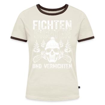 Fichten sichten Holzfäller Kettensäge Totenkopf - Frauen Kontrast-T-Shirt - Off-White/Dunkelbraun - Vorne - AI Model Female 172 dark (172cm)