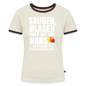 Saugen, Blasen oder mit der Hand - Frauen Kontrast-T-Shirt - Off-White/Dunkelbraun - Vorne - AI Model Female 172 dark (172cm)