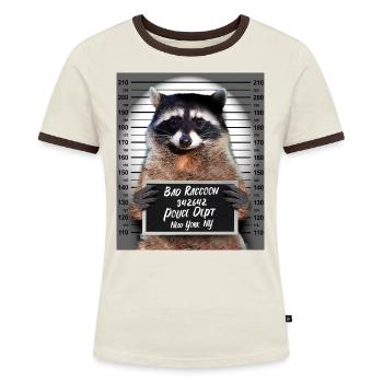 Waschbär Polizeifoto Raccoon im Knast Gefängnis - Frauen Kontrast-T-Shirt - Off-White/Dunkelbraun - Vorne - AI Model Female 172 dark (172cm)
