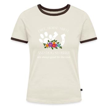 Pferdegeruch und Hund Slobber Haustiere Memes Tren - Frauen Kontrast-T-Shirt - Off-White/Dunkelbraun - Vorne - AI Model Female 172 dark (172cm)