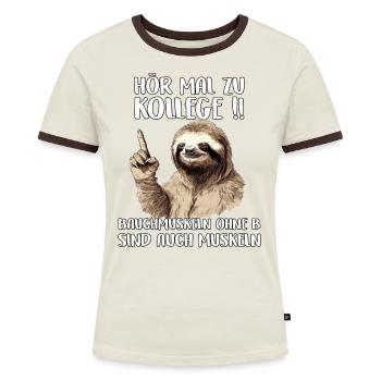 Faultier Geschenk Sportmuffel Geschenkidee Sloth - Frauen Kontrast-T-Shirt - Off-White/Dunkelbraun - Vorne - AI Model Female 172 dark (172cm)