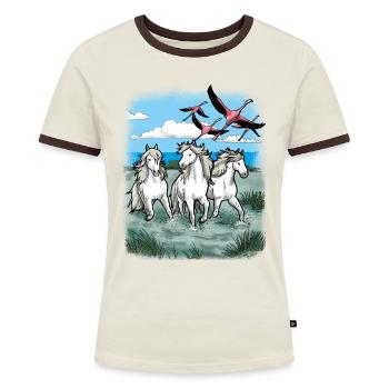 Camargue Pferde Urlaub Flamingos Meer Geschenk - Frauen Kontrast-T-Shirt - Off-White/Dunkelbraun - Vorne - AI Model Female 172 dark (172cm)