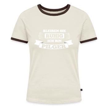 Pilger Wallfahrt Jakobsweg Wallfahrer Geschenk - Frauen Kontrast-T-Shirt - Off-White/Dunkelbraun - Vorne - AI Model Female 172 dark (172cm)
