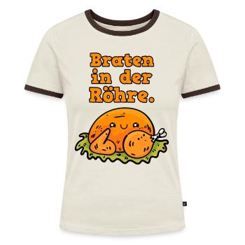 Schwangerschaft Schwanger Baby Braten in der Röhre - Frauen Kontrast-T-Shirt - Off-White/Dunkelbraun - Vorne - AI Model Female 172 dark (172cm)