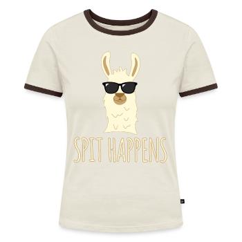 Llama Lama Spit Happens Funny Alpaca - Frauen Kontrast-T-Shirt - Off-White/Dunkelbraun - Vorne - AI Model Female 172 dark (172cm)