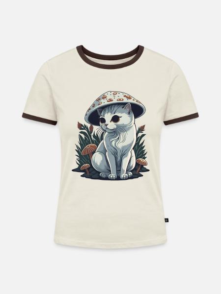 Trippy Pilzkatze - Frauen Kontrast-T-Shirt - Off-White/Dunkelbraun
