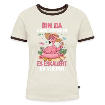 Bin Da Kann Losgehen Es Eskaliert Eh Wieder - Frauen Kontrast-T-Shirt - Off-White/Dunkelbraun - Vorne - AI Model Female 172 dark (172cm)