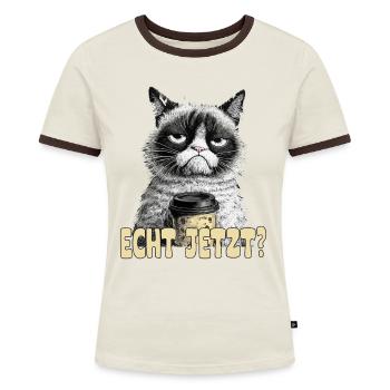 Lustige Katze mit Kaffee und Spruch; Echt jetzt? - Frauen Kontrast-T-Shirt - Off-White/Dunkelbraun - Vorne - AI Model Female 172 dark (172cm)