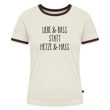 Liebe und Bass Statt Hetze Und Hass Techno Rave - Frauen Kontrast-T-Shirt - Off-White/Dunkelbraun - Vorne - AI Model Female 172 dark (172cm)