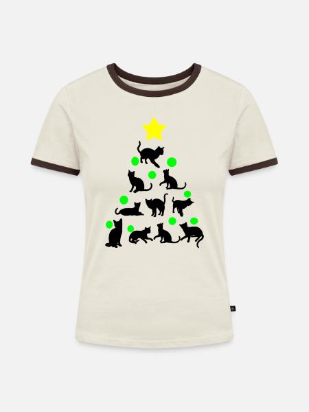 Miezekatze Xmas - Frauen Kontrast-T-Shirt - Off-White/Dunkelbraun