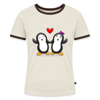 Pinguin Paar - Frauen Kontrast-T-Shirt - Off-White/Dunkelbraun - Vorne - AI Model Female 172 dark (172cm)
