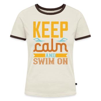 Für Schwimmer: KEEP CALM AND SWIM ON - Frauen Kontrast-T-Shirt - Off-White/Dunkelbraun - Vorne - AI Model Female 172 dark (172cm)