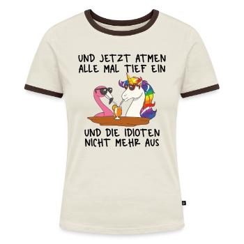 Einatmen Ausatmen Idioten Flamingo Einhorn - Frauen Kontrast-T-Shirt - Off-White/Dunkelbraun - Vorne - AI Model Female 172 dark (172cm)