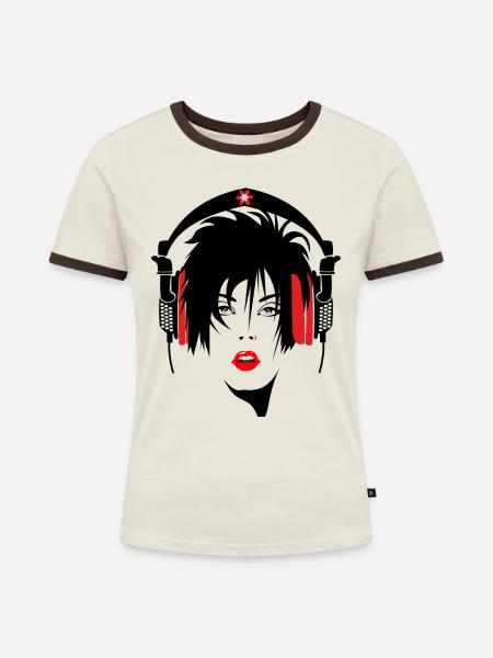 mujer_con_cascos - Frauen Kontrast-T-Shirt - Off-White/Dunkelbraun