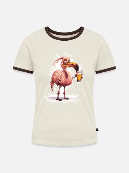 Flamingo Bier Lustig - Frauen Kontrast-T-Shirt - Off-White/Dunkelbraun