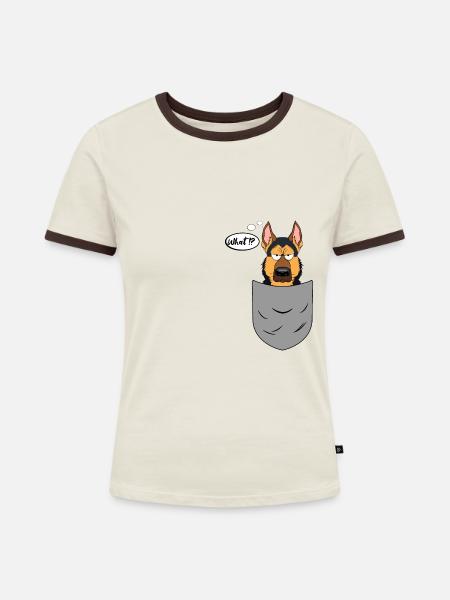 Schäferhund in Brusttasche, lustig - Frauen Kontrast-T-Shirt - Off-White/Dunkelbraun