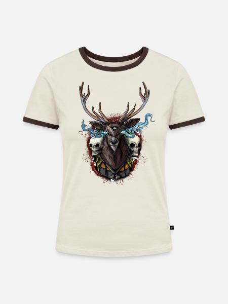 Hirsch - BONE SQL PRY - Frauen Kontrast-T-Shirt - Off-White/Dunkelbraun