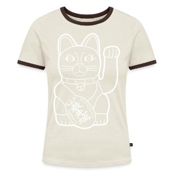 Maneki Neko Koban-Münze - Light Contour - Frauen Kontrast-T-Shirt - Off-White/Dunkelbraun - Vorne - AI Model Female 172 dark (172cm)