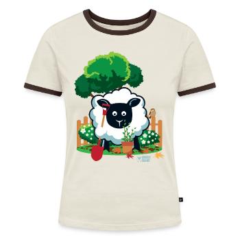 Mutterschafe mögen Gartenarbeit? - Frauen Kontrast-T-Shirt - Off-White/Dunkelbraun - Vorne - AI Model Female 172 dark (172cm)