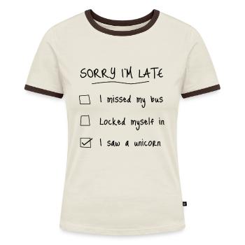 lustiges Einhorn Shirt - Ich sah ein Einhorn - Frauen Kontrast-T-Shirt - Off-White/Dunkelbraun - Vorne - AI Model Female 172 dark (172cm)