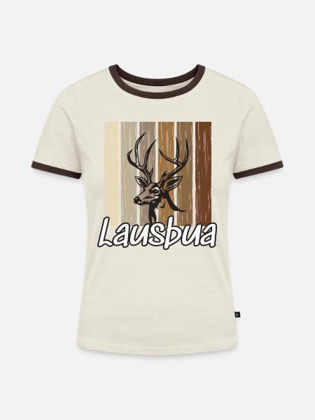 Lausbua Hirsch Lederhosen - Frauen Kontrast-T-Shirt - Off-White/Dunkelbraun