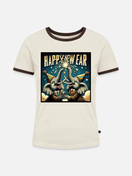 Neujahr Sylvester Elefant Sektstoß - Frauen Kontrast-T-Shirt - Off-White/Dunkelbraun