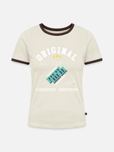 Jahr 2003 - Frauen Kontrast-T-Shirt - Off-White/Dunkelbraun