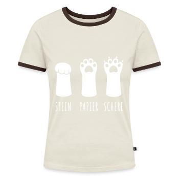 Stein Papier Schere - Katzenpfote - Frauen Kontrast-T-Shirt - Off-White/Dunkelbraun - Vorne - AI Model Female 172 dark (172cm)