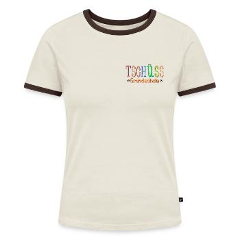 TSCHÜSS GRUNDSCHULE, Abschluss Fussball - Frauen Kontrast-T-Shirt - Off-White/Dunkelbraun - Vorne - AI Model Female 172 dark (172cm)