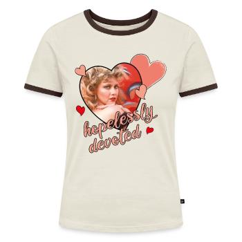 Grease Sandy Olsson Hopelessly Devoted Spruch - Frauen Kontrast-T-Shirt - Off-White/Dunkelbraun - Vorne - AI Model Female 172 dark (172cm)
