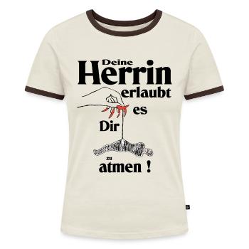 Herrin Domina Sklave Opfer - Frauen Kontrast-T-Shirt - Off-White/Dunkelbraun - Vorne - AI Model Female 172 dark (172cm)