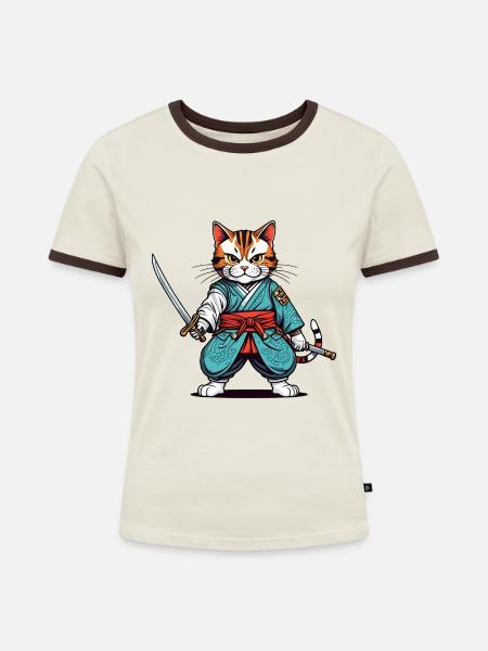 Samurai-Katze - Frauen Kontrast-T-Shirt - Off-White/Dunkelbraun