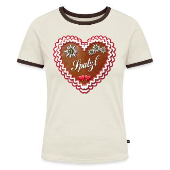 Lebkuchenherz Spatzl - Frauen Kontrast-T-Shirt - Off-White/Dunkelbraun - Vorne - AI Model Female 172 dark (172cm)