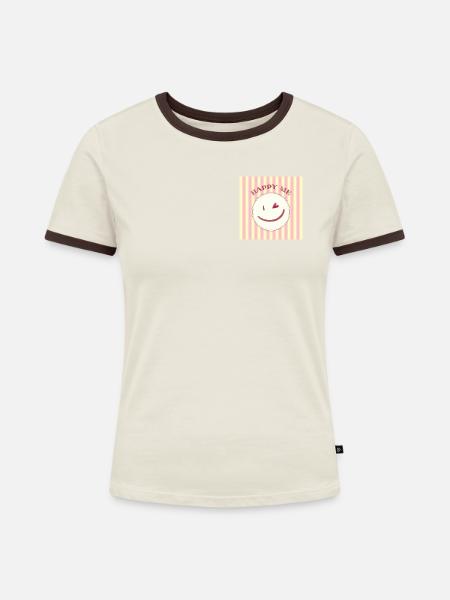Lächeln auf Streifenmuster - Frauen Kontrast-T-Shirt - Off-White/Dunkelbraun